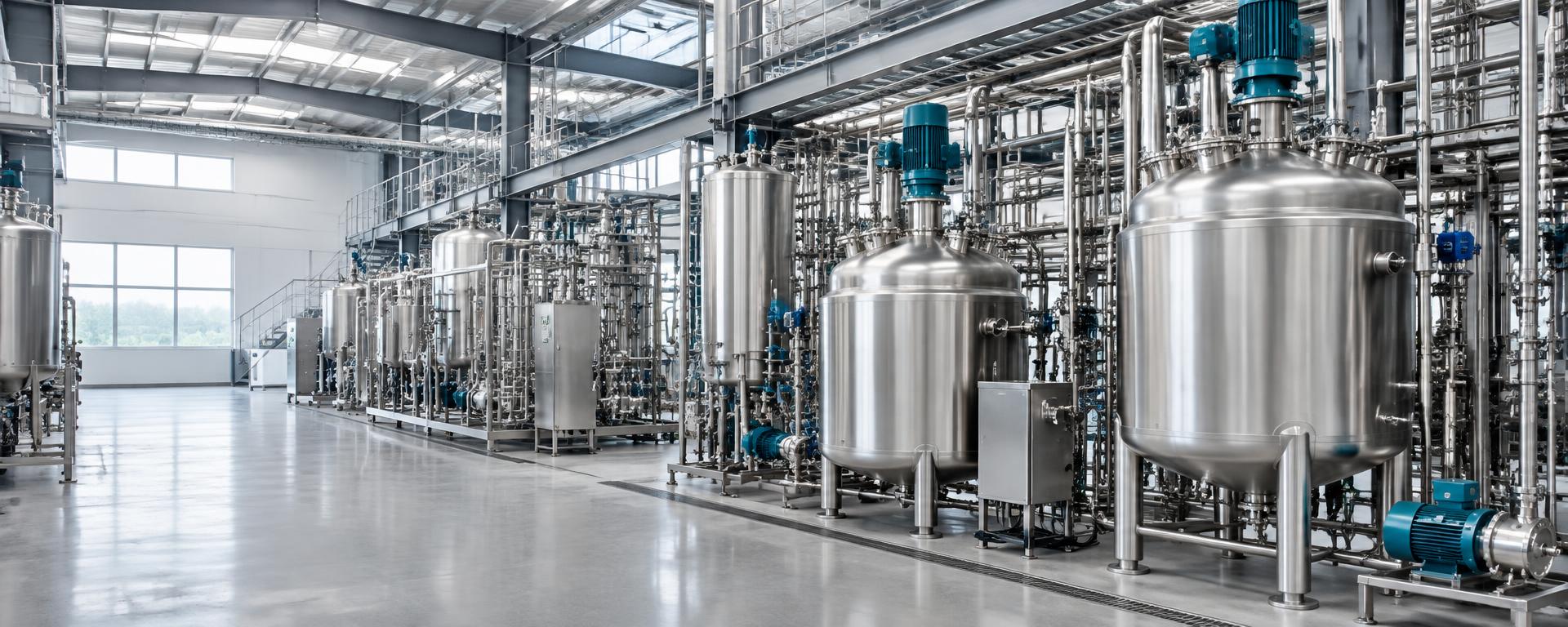 Stainless steel reactors and interconnected production equipment in an industrial facility